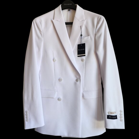 34R White Double Breasted Suit Jacket New Mens Jos A Bank Polyester Peak Lapel - Picture 1 of 17